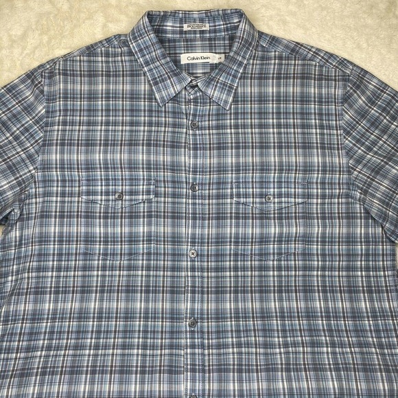 Calvin Klein Men's Blue White Plaid 100% Cotton Long Sleeve Button Up Shirt - Picture 3 of 10